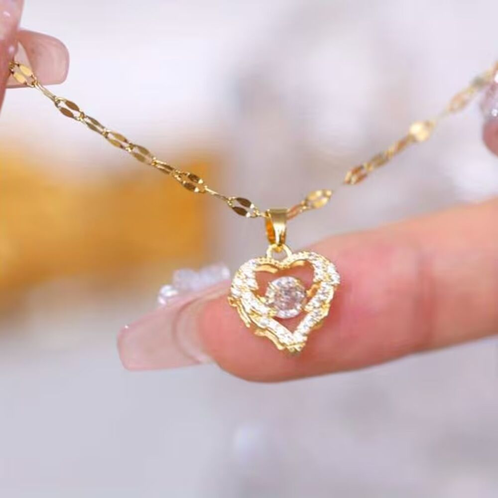 Gold Rotating Zirconia Crystal Heart Pendant Necklace Spin Gemstone Drop Charm